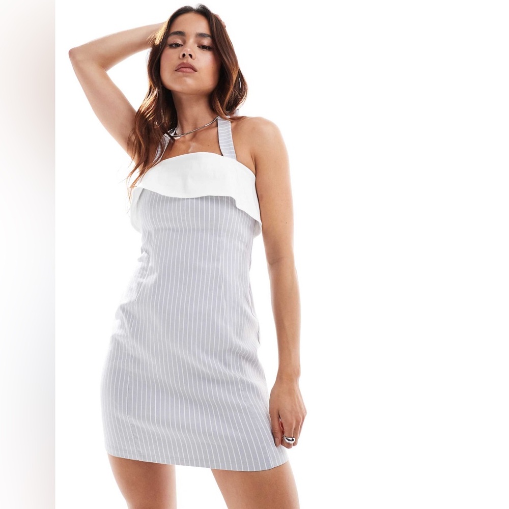 ASOS DESIGN contrast bow back bengaline mini dress in gray pinstripe
